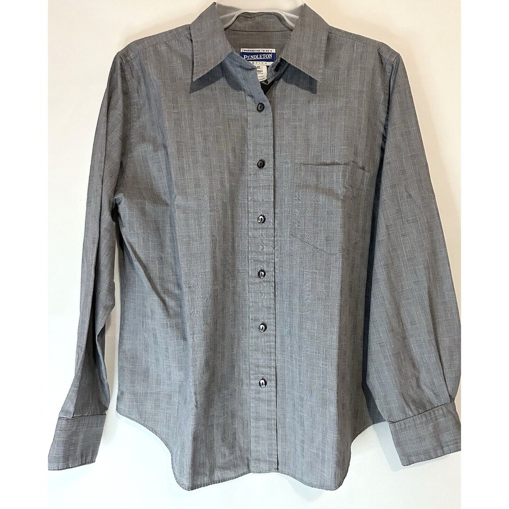 Pendleton Shirt Womens 12 Petite Button Up Collared Gray Micro Check Houndstooth